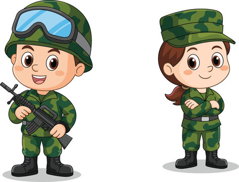 Cute cartoon soldier boy and girl in camouflage army uniform, children in military clothing, armed forces illustration, teamwork concept, defense theme