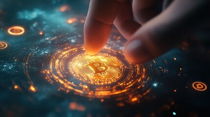 Finger touching a glowing bitcoin surrounded by digital elements in a futuristic setting