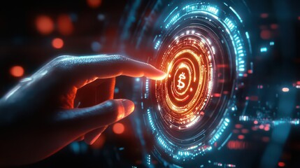 A finger touching a glowing bitcoin symbol on a digital interface with abstract light effects around it