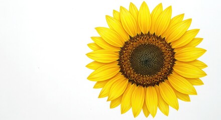 A close-up, top-down view of a vibrant yellow sunflower in full bloom against a clean white background.