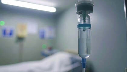 Close-up of IV drip in a blurred hospital room with an empty bed