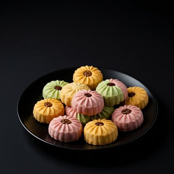 A neat arrangement of dasik 다식  (traditional tea cookies) in various colors and shapes, served on a black plate against a black background 