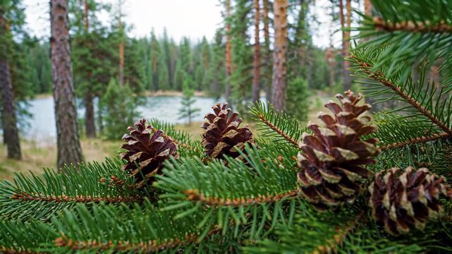 there are pine cones on a tree branch in the woods