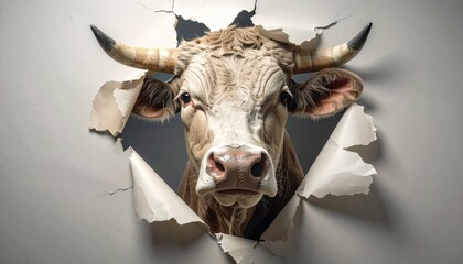 A tan and white cow with horns peers through a ripped hole in a gray wall