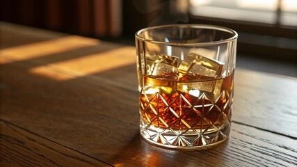 Modern liquor store with fine wines closeup concept. A glass of whiskey with ice on a wooden table under soft natural light. - Powered by Adobe