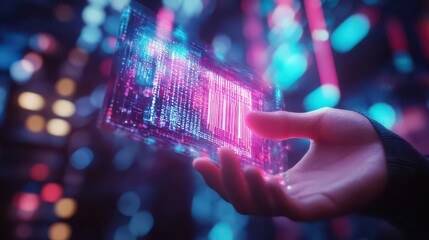 Hand holding a glowing digital screen with abstract data and colorful bokeh background lights at night