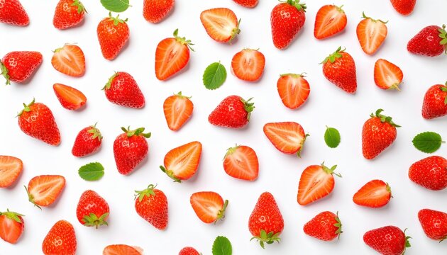 Pattern of fresh red strawberries and green mint leaves on white background