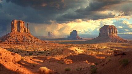 Dramatic desert landscape at sunset