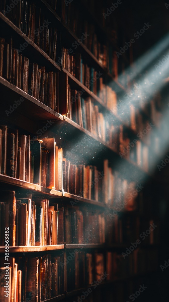 Poster sunlight beams illuminate dusty bookshelves in a quiet library during the afternoon hours, creating 