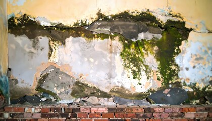 Decaying wall with peeling paint, moss, and exposed brick foundation, showing age and neglect
