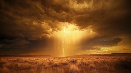 Dramatic lightning storm over a desert landscape