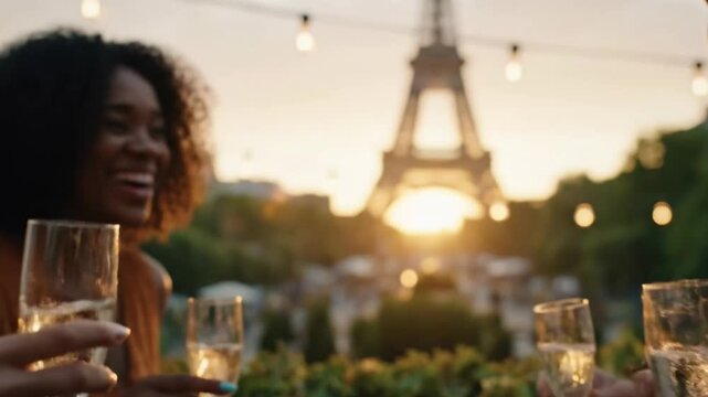Group of people at party celebrating, cheering and raising glasses of sparking wine at sunset in the street restaurant with scenic view of Paris and Eifel Tower
