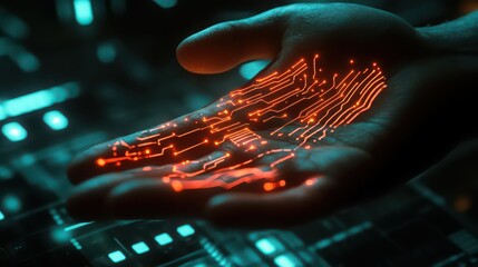 A hand holding glowing circuit board patterns with a dark and futuristic background aesthetic design
