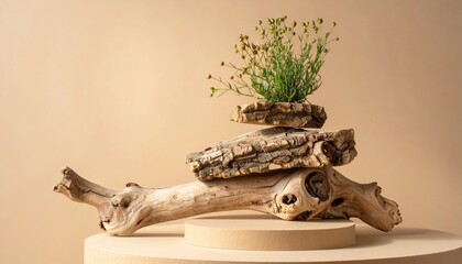 Small green plant atop stacked bark pieces on driftwood balancing on beige platform