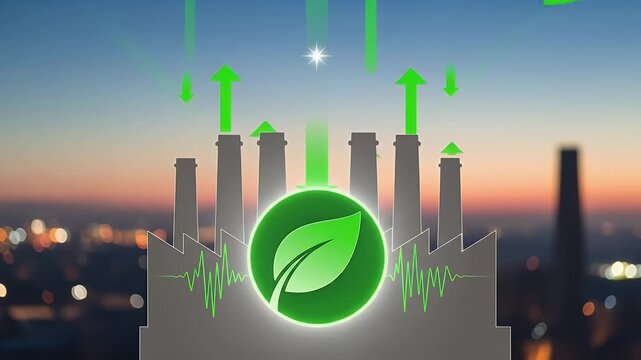 Factory outline settles behind a bright green badge; simple downward emission arrows cue reductions as a tiny star completes the signal