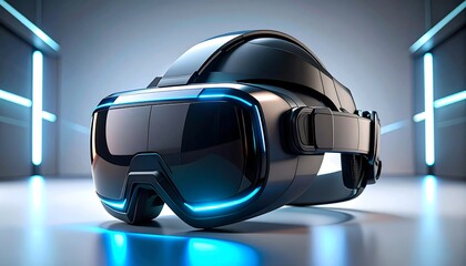 Futuristic virtual reality headset, sleek design, highlighted with vibrant blue accents, in a modern setting.