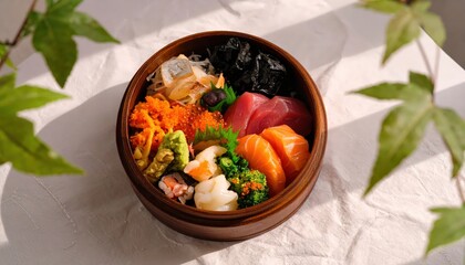 Colorful assortment of seafood and vegetables arranged in a round wooden bento box