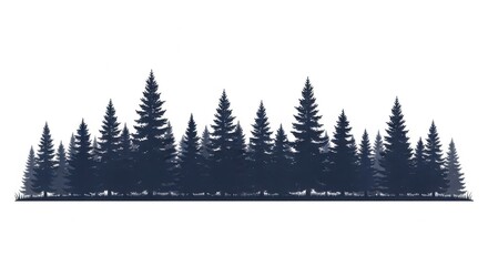 Fototapeta premium Silhouette of Tall Evergreen Trees Forest in Dark Blue on White Background