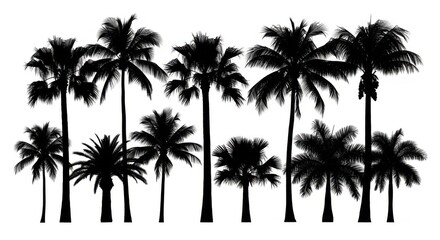Obraz premium Silhouette of Tall Palm Trees on White Background for Tropical or Nature Themes