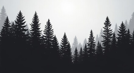 Obraz premium Silhouette of Tall Pine Trees in Misty Forest Scene with Soft Gray Sky