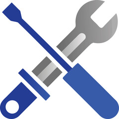 Minimalist vector icon of crossed silver wrench and blue screwdriver for repair and diy