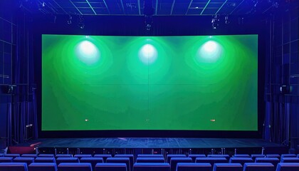 Empty cinema auditorium with green screen and stage, ready for a movie or presentation
