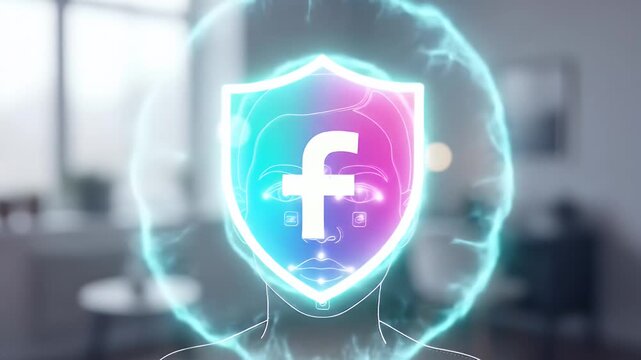 A selfie outline with dotted landmarks gains an arcing status row; ticks fill smoothly, a shield appears, and the interface returns to idle