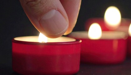 A finger gently extinguishes a small, lit red candle among others
