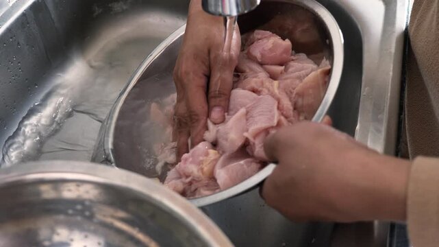 Asian muslim woman washing and cleaning chicken meat after cutting. Meal preparation