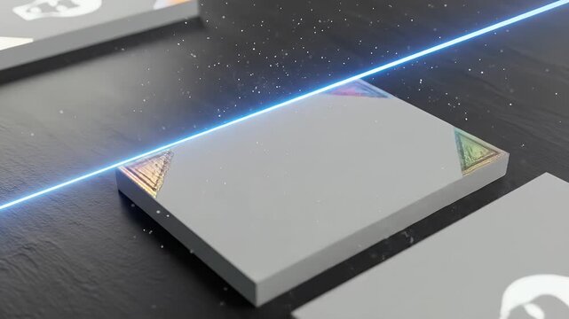 A document stack with a hologram seal receives a scan line; a faint face watermark gleams and particles drift as the verification rests