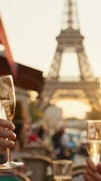 Group of people at party celebrating, cheering and raising glasses of sparking wine at sunset in the street restaurant with scenic view of Paris and Eifel Tower