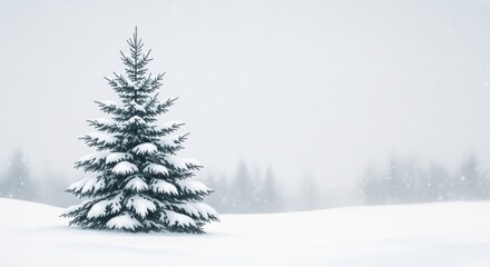 Fototapeta premium Snow Covered Pine Tree in Winter Landscape with Foggy Background