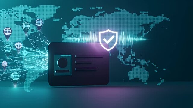 Globe pins illuminate and route lines converge to an ID card silhouette; a shield-check blinks to suggest clean cross-border verification