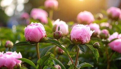 Soft pink peony buds bathed in golden sunlight, promising a vibrant bloom in a lush garden setting