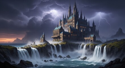 Mystical castle perched above cascading waterfalls under a stormy sky