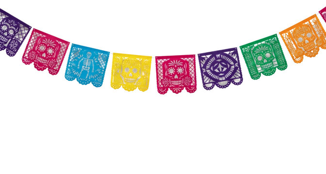 Day of the dead papel picado banner colorful mexican decoration celebration on transparent background