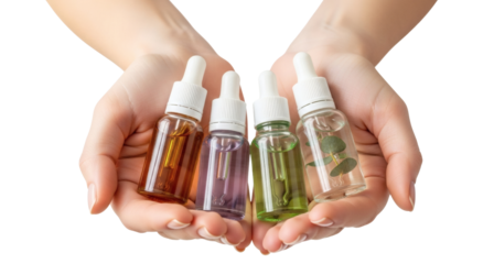Essential oils in hands for aromatherapy and skincare natural beauty treatment on transparent background