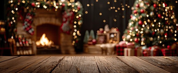 Christmas scene, blurred background with fireplace, Christmas tree, and gifts. Wooden table top in foreground
