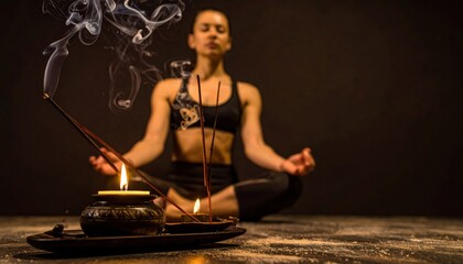 Woman meditates in lotus pose with burning incense sticks and candle in the foreground