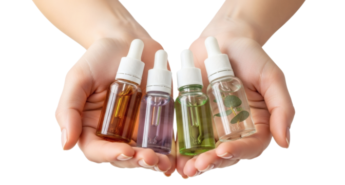 Essential oils in hands for aromatherapy and skincare natural beauty treatment on transparent background