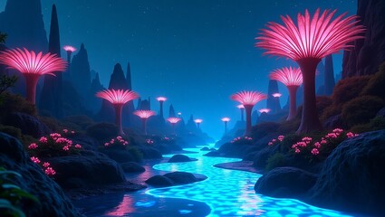 Fototapeta premium Fantasy Landscape with Glowing Pink Trees