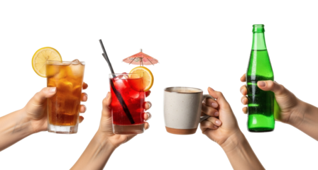 Drinks variety hands holding beverage iced tea cocktail coffee soda cheers concept on transparent background
