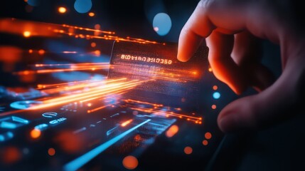 A hand holding a card with glowing text over a glowing surface with orange and blue light streaks