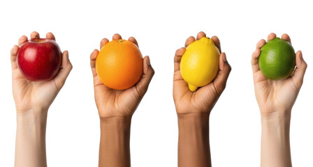 Diverse hands holding fresh fruits apple orange lemon and lime healthy eating diet on transparent background
