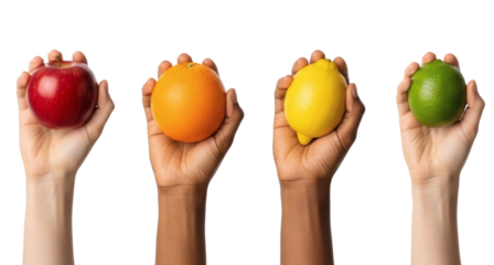 Diverse hands holding fresh fruits apple orange lemon and lime healthy eating diet on transparent background