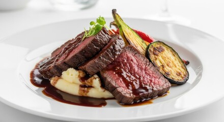 Tender Medium Rare Steak with Grilled Vegetables on White Plate