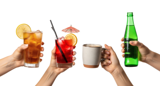 Drinks variety hands holding beverage iced tea cocktail coffee soda cheers concept on transparent background