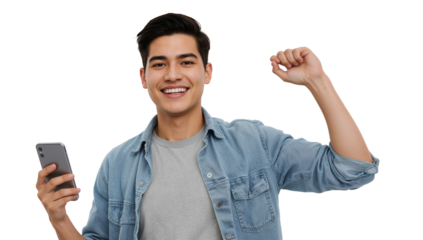 Excited young man celebrates success with phone against isolated transparent background