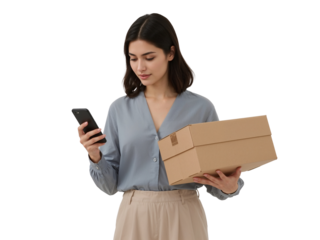 Modern woman checks delivery app holding package isolated transparent element