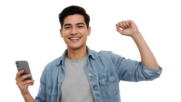 Excited young man celebrates success with phone against isolated transparent background